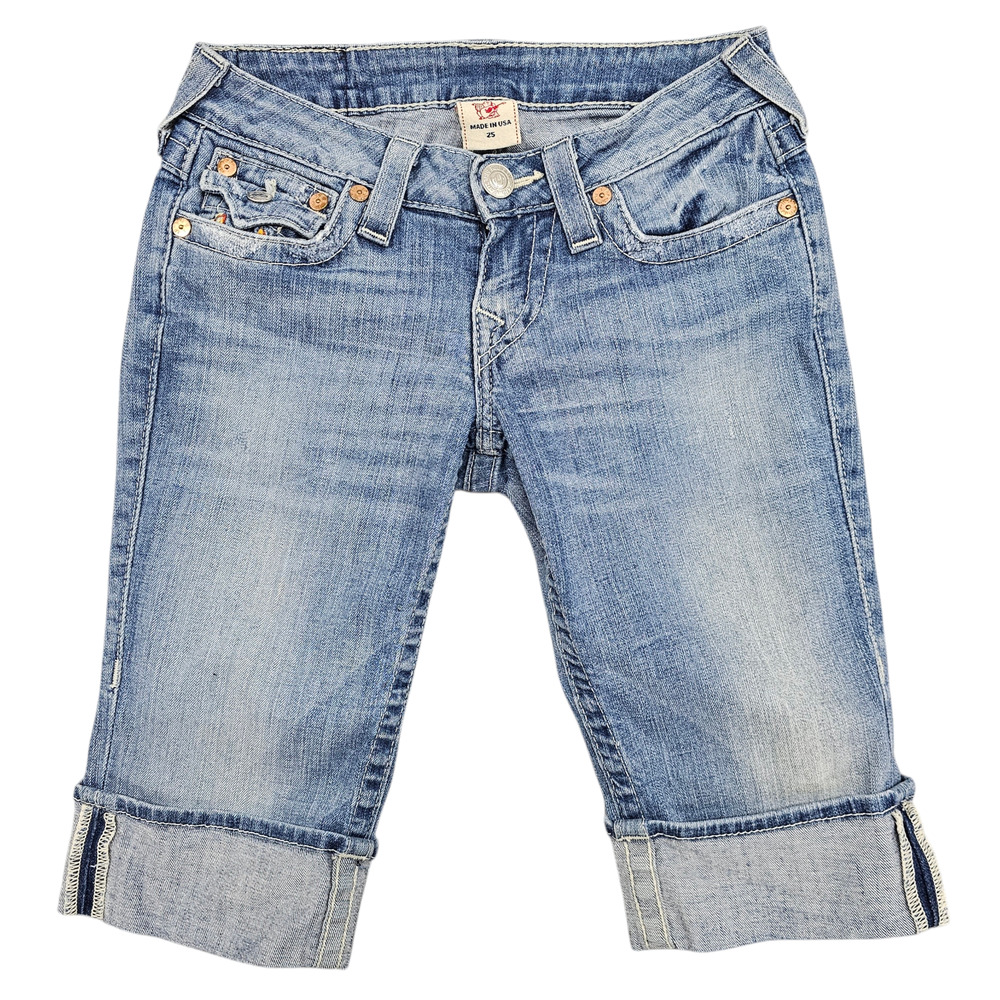 True Religion Shorts Womens 25 Bermuda Denim Knee Length Embroidered - Picture 1 of 12